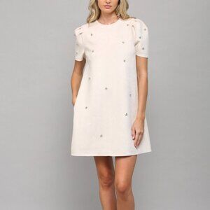 NWT Jewel Embellished Puff Sleeve Shift Dress in Ecru Small